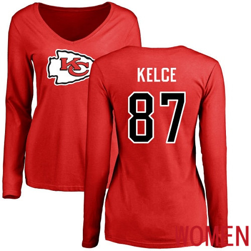 Women Football Kansas City Chiefs #87 Kelce Travis Red Name and Number Logo Slim Fit Long Sleeve T-Shirt